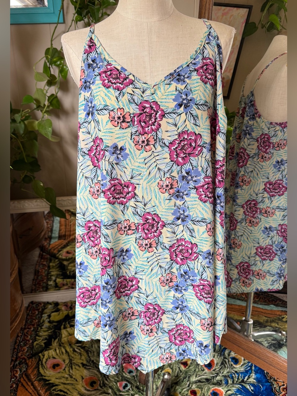 No Comment Floral Print Mini Dress in Light Blue and Pink, plus size 2X